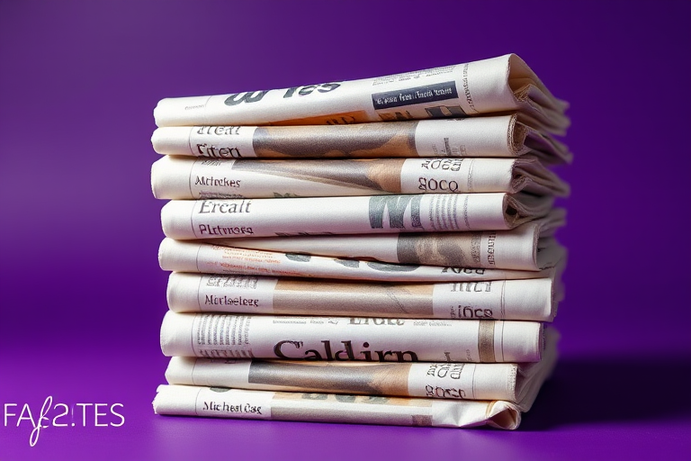 Create a high-resolution image of rolled newspapers stacked on top of each other with a purple background, using a DSLR camera with a 50mm lens, aperture set to f/2.8, ISO 100, and soft natural lighting to enhance texture and detail.