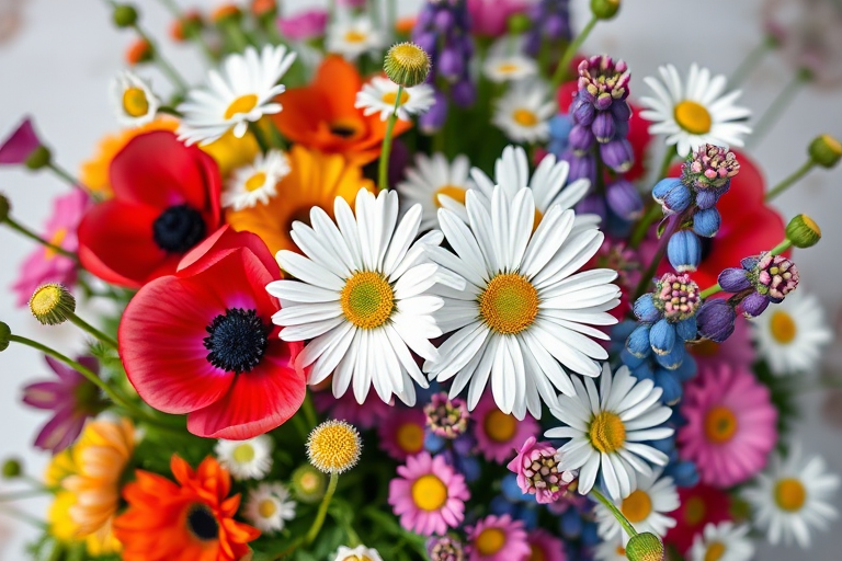 Generate a vibrant bouquet of assorted flowers including anemones, lupines, and daisies with a soft focus background at f/2.8, ISO 100, 50mm lens, overhead view, in high-resolution digital photography style.