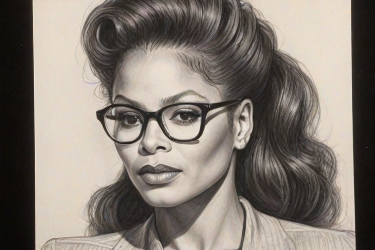 Sublime Janet Jackson, pencil sketch, portrait of Fetching woman 1938s in glasses, hair style beatnik, outline, clear lines, fine lines, 8k