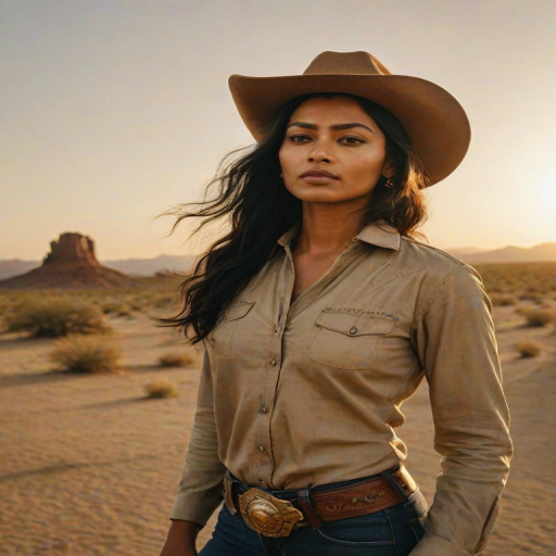 Dramatic photo of a beautiful Bangladeshi woman, classic cowboy attire, confident and free spirit expression, half-length portrait, centered, golden hour desert landscape, warm, diffused light, low angle, medium format film camera, in style of Annie Leibovitz.