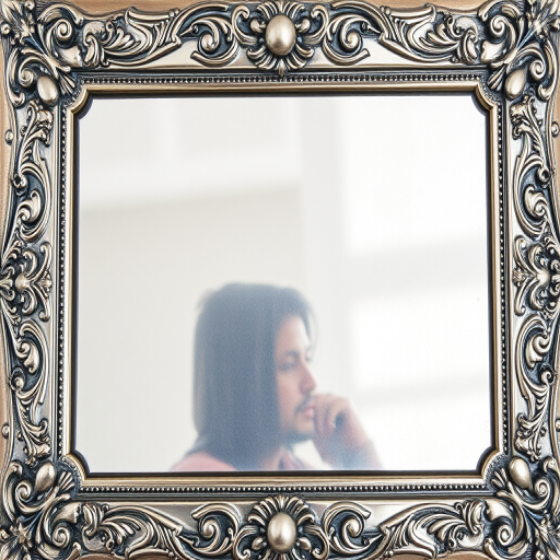 Generate a highly detailed image of a vintage, ornate silver picture frame with intricate carvings and a reflective surface, shot at f/8 aperture, ISO 100, 50mm lens, natural lighting, top-down view, high-resolution DSLR camera.