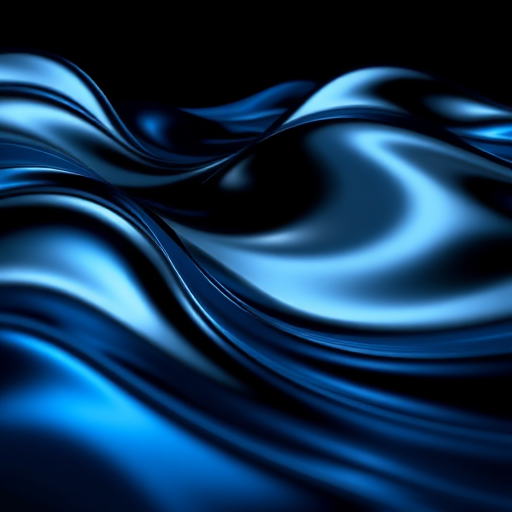 generate an abstract image of flowing metallic blue and black waves with high gloss reflection, using a DSLR camera with a 50mm lens, f/2.8 aperture, ISO 100, shot from a low angle perspective to emphasize depth and texture in soft lighting conditions.