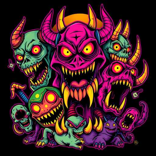 New school tattoo design titled "Neon Nightmares" depicting exaggerated cartoon-style monsters and creatures in vivid, eye-catching colors with bold outlines