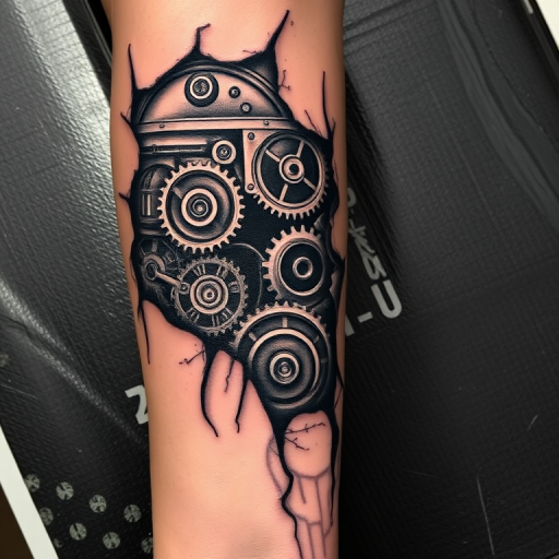 Striking biomechanical tattoo covering the forearm, revealing intricate machinery and gears beneath torn skin, utilizing shading and highlights to create a three-dimensional illusion of depth