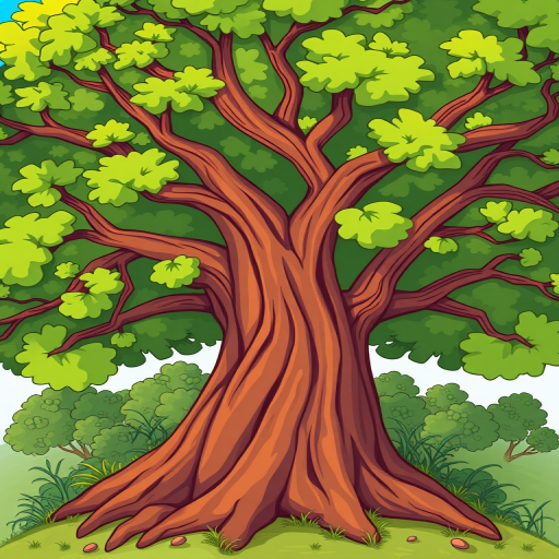 Generate an image of a cartoon tree with a thick brown trunk and lush green foliage, shot with a Canon EOS 5D Mark IV at f/8, ISO 100, 1/200s, in a vibrant and colorful illustration style, top-down view.