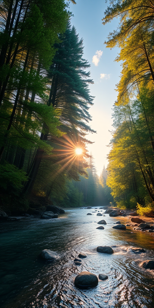 Create an image of a serene, sunlit forest scene with a clear, gently flowing river. Tall trees with lush green foliage line both sides of the river, their leaves bathed in the warm golden light of the setting or rising sun. The sunlight filters through the trees, casting soft, dappled light on the river, which flows over smooth rocks and pebbles, creating a peaceful, natural atmosphere. The sky is bright with a few scattered clouds, and the overall mood is tranquil, evoking a deep sense of connection with nature. The image captures the beauty of a calm, pristine forest landscape at either dawn or dusk.