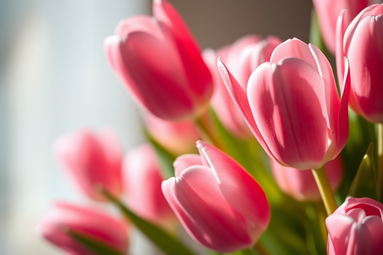 A close-up shot of pink tulips with soft lighting, using a 50mm lens, aperture f/1.8, shutter speed 1/200s, ISO 100, shallow depth of field, with a blurred background for enhanced bokeh effect, capturing vivid colors and delicate petal textures.