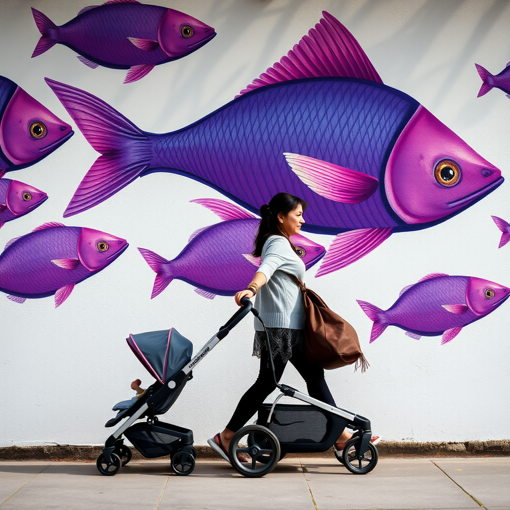 Regenerate the image of a woman walking with a stroller past a mural of purple fish on a wall, using a DSLR camera with a 50mm lens, aperture f/2.8, ISO 200, shutter speed 1/500s, natural lighting, from a slightly low angle for dynamic perspective.