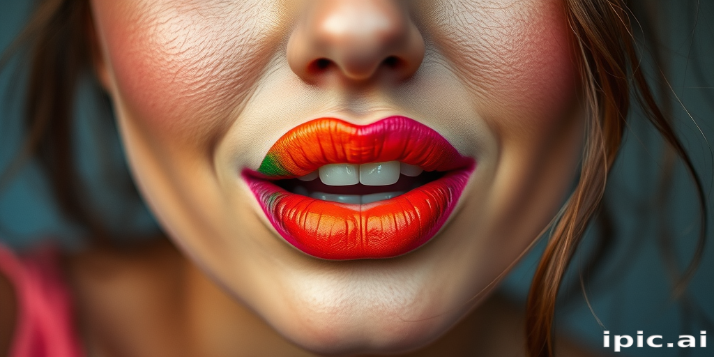 Whimsical woman lips painted with rainbow gradient, full face capture embodying creativity and free-spirited nature