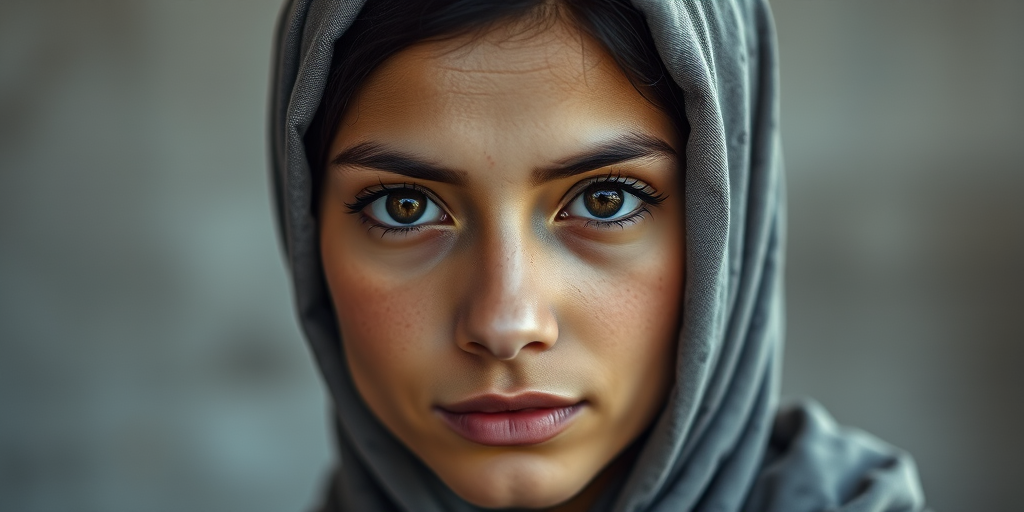Portrait of a young woman with a neutral expression, headscarf, and striking brown eyes, soft diffused lighting, 50mm lens, f/1.8 aperture, ISO 100, natural light, DSLR camera.