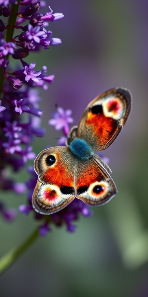 Close-up of a peacock butterfly perched on vibrant purple flowers, shallow depth of field, natural light, f/2.8 aperture, 1/1000 shutter speed, ISO 200, macro lens, DSLR camera, soft background blur.