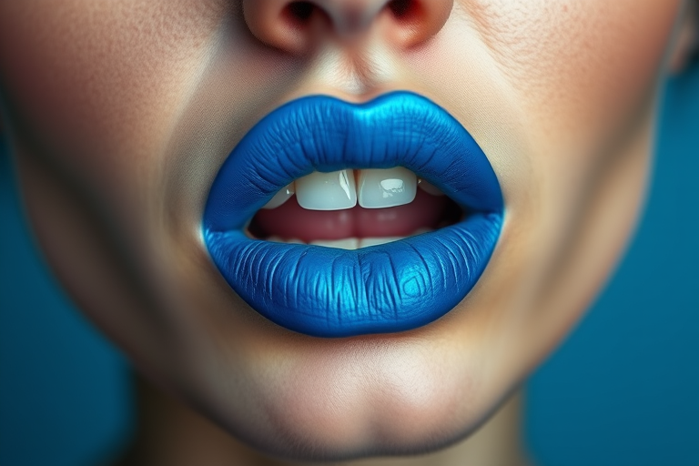 Electric blue woman lips with matte texture, pushing boundaries and expressing creativity in makeup