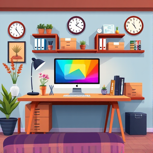 A digital illustration of a modern office workspace featuring a wooden desk with a computer monitor displaying a colorful interface, a desk lamp, and decorative items like a vase with flowers, a wall clock, and bookshelves filled with boxes and files, with a focus on vibrant colors and sharp details, shot with a high-resolution camera at f/8, ISO 100, 35mm lens, and a frontal view to capture the entire scene symmetrically.