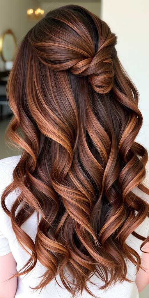 Rich chocolate brown hair with caramel and honey highlights forms the base of the "Mocha Swirl" look. Long, cascading layers are styled in loose, romantic curls that fall gracefully down the back. A few face-framing pieces are gently twisted and pinned back, creating an elegant, effortless appearance perfect for any occasion.