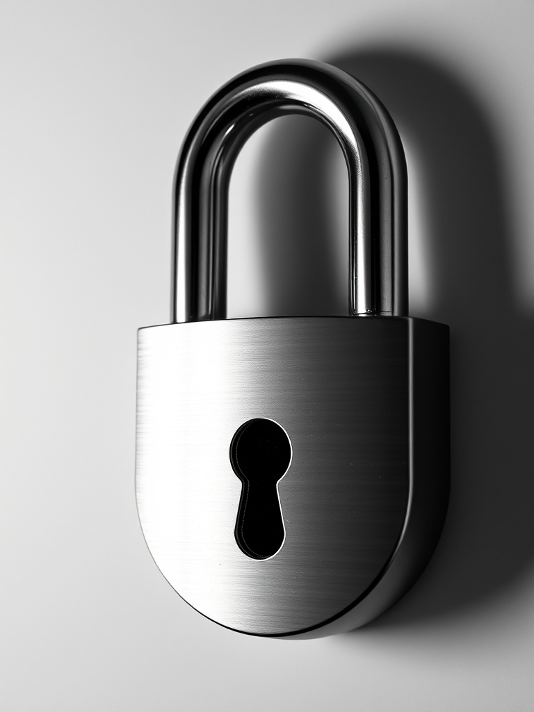 Create an image of a shiny padlock with a keyhole, captured with a Canon EOS R5 camera, 50mm lens, f/1.8 aperture, ISO 100, 1/200s shutter speed, in a soft diffused light setting on a monochromatic background for enhanced contrast and clarity.