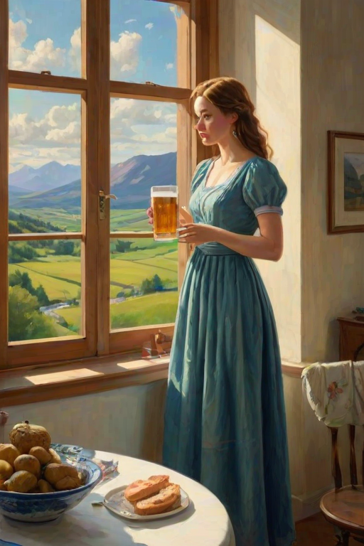 In "A Glass of Beer on the Highland," a serene scene is depicted in a sunlit room where a woman in a vibrant blue dress stands by a large window. She holds a tray with a hearty meal and a frothy glass of beer, embodying a moment of relaxation. Outside, the breathtaking highland landscape features rolling green hills and a charming traditional house, all bathed in warm afternoon light. The interior is adorned with potted plants, creating a harmonious blend of comfort and nature. The painting beautifully captures the tranquility and joy found in simple pleasures amidst stunning scenery