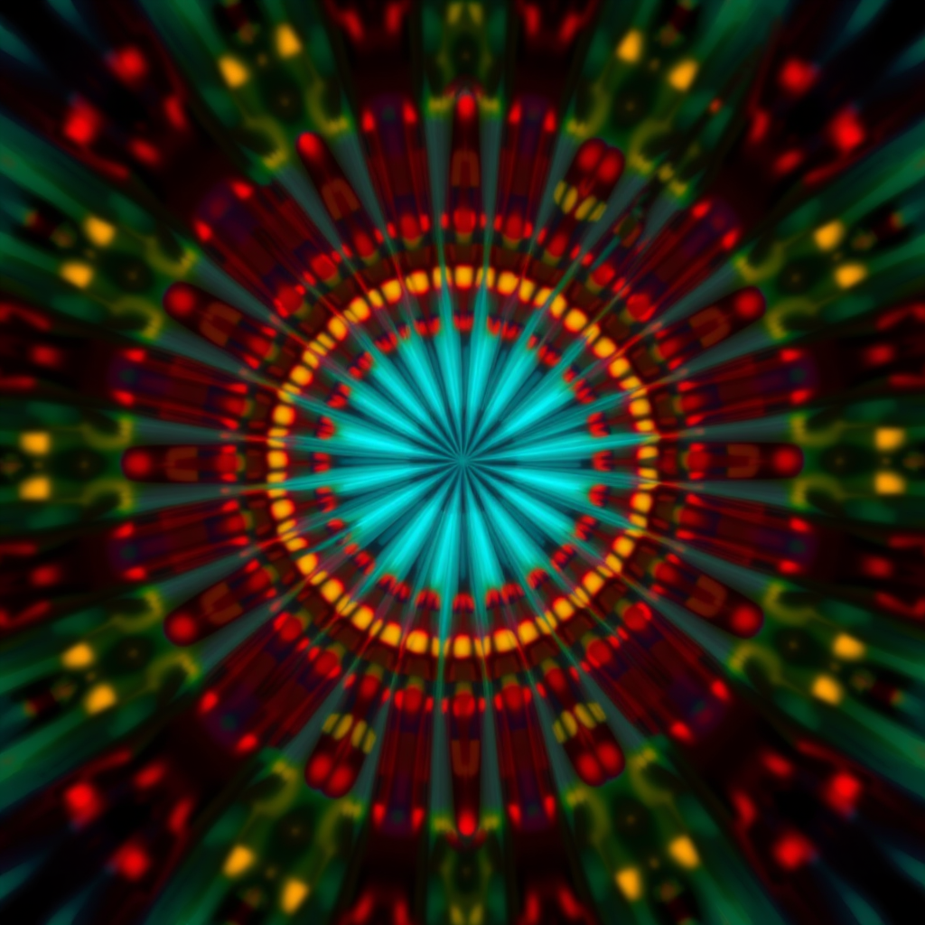 create an abstract image with vibrant colors and sharp contrasts, featuring a central band of turquoise with radiating patterns of red and yellow dots, use a high-resolution digital camera, f/8 aperture, ISO 100, 24mm lens, and a long exposure to enhance detail and depth