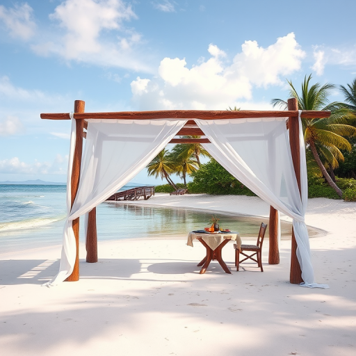 Create a picturesque tropical beach scene featuring a serene, white sandy shore. In the foreground, there's a rustic wooden canopy with white drapes gently flowing in the breeze. Underneath the canopy, a table is set with tropical decor, evoking a sense of relaxation and leisure. The beach extends into a calm, shallow water area with reflections of the sky and surroundings. Palm trees and lush greenery line the edge of the beach, providing a natural, tropical backdrop. The sky is clear with a few scattered clouds, and the overall atmosphere is tranquil and inviting, perfect for a peaceful retreat.