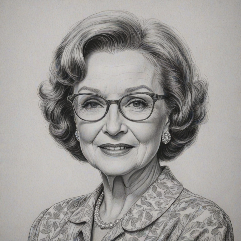 Gorgeous Betty White, pencil sketch, portrait of Elegant woman 1961s in glasses, hair style beatnik, outline, clear lines, fine lines, 8k