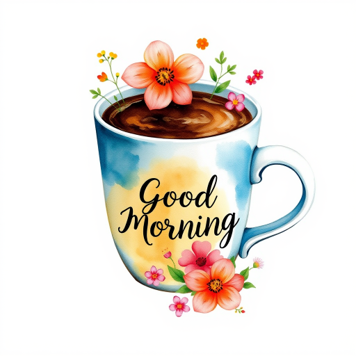 a colorful watercolor illustration featuring a cup of coffee with floral elements and the text Good Morning, soft focus, natural light, f/8 aperture, 1/125s shutter speed, 50mm lens, DSLR camera