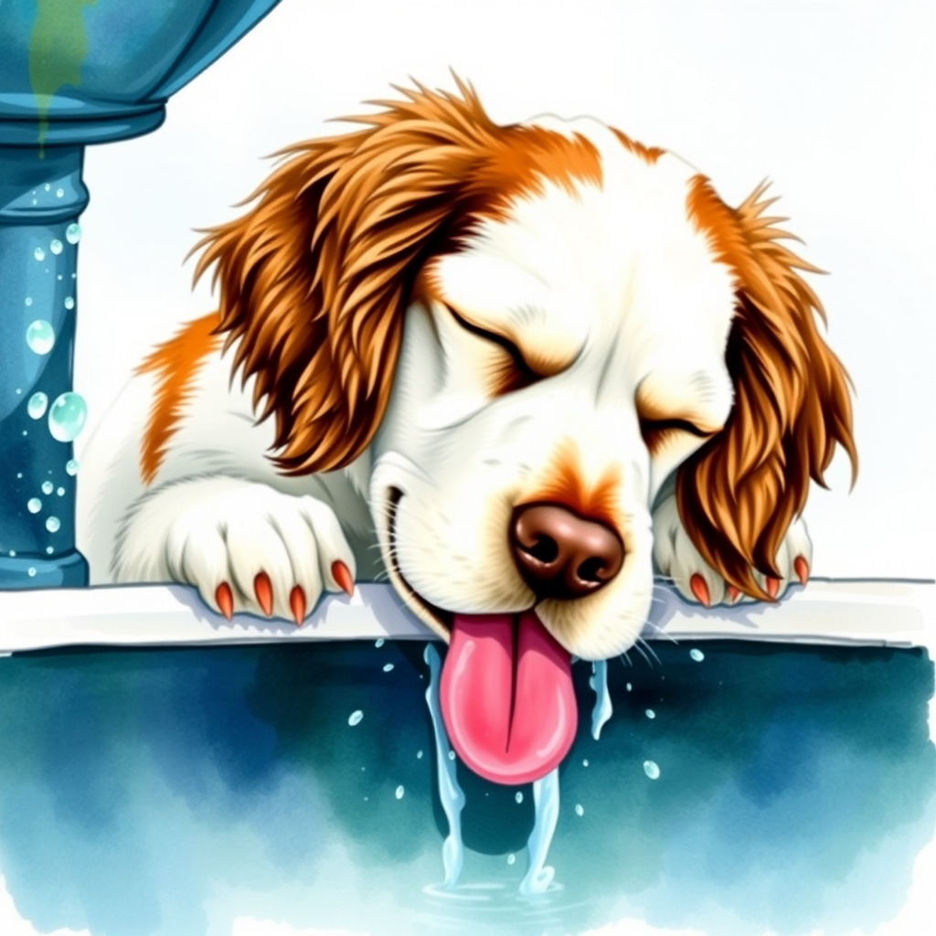 Watercolor ink illustration, A digitally created artwork of a Cocker Spaniel dog leaning on a water fountain, eyes closed, tongue out as if lapping water. The white dog has brown and cream patches, especially on its ears and face. Water splashes around it with detailed droplets. The background features a soft blue-green gradient, suggesting a sunny day. The style is realistic, focusing on the texture of fur and water for a lifelike, vibrant feel.