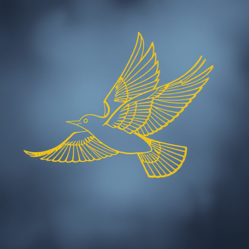 Create a highly detailed gold outline of a flying bird with intricate feather patterns, shot with a DSLR camera using a 50mm lens, aperture set to f/1.8, ISO 200, and a soft focus background to enhance the image quality.
