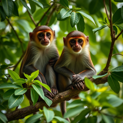 Capture a close-up shot of two monkeys sitting on a branch surrounded by green leaves, using a Canon EOS R5 with a 50mm f/1.8 lens at ISO 200, aperture f/2.8, shutter speed 1/500s, natural light, shallow depth of field for a soft background blur.