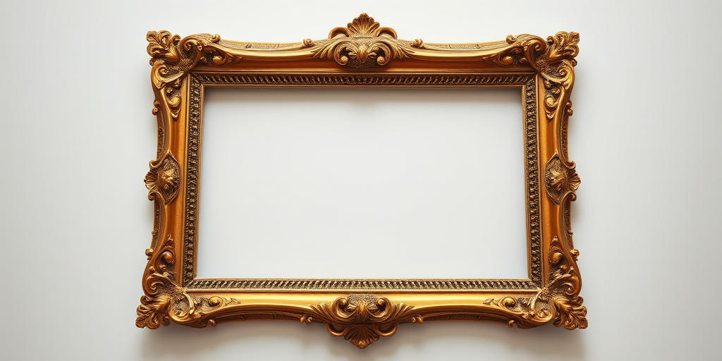 Create an ornate, vintage gold picture frame with intricate designs, high-resolution, 50mm lens, f/1.8 aperture, soft natural lighting, shallow depth of field, taken with a DSLR camera from a slightly elevated angle.