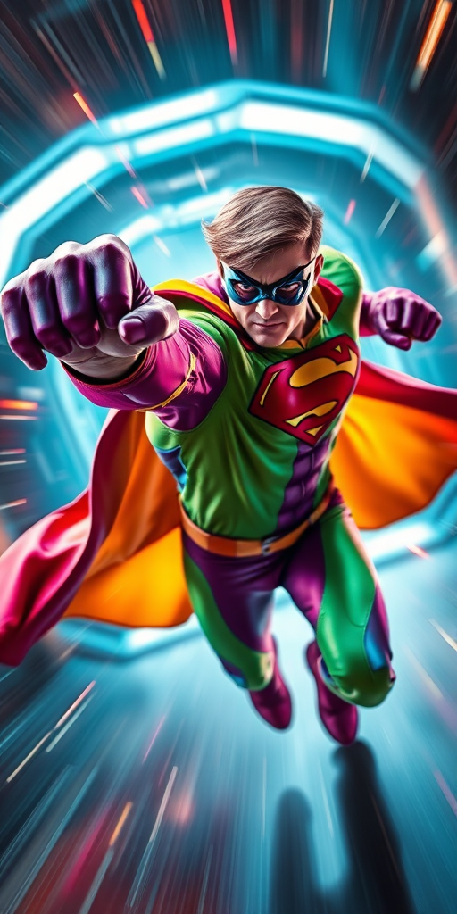A dynamic superhero in a colorful suit punching forward, surrounded by streaks of light, futuristic background, shot with a DSLR camera at 50mm focal length, f/1.8 aperture, ISO 100, high contrast, vibrant colors, short exposure for motion blur effect.