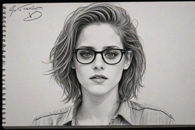 Fetching Kristen Stewart, pencil sketch, portrait of Pleasing woman 1977s in glasses, hair style beatnik, outline, clear lines, fine lines, 8k