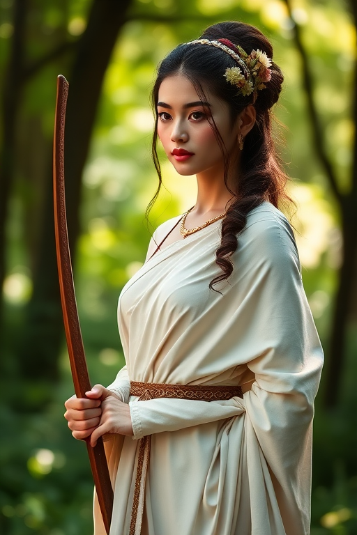 Create a portrait of a goddess-like Tibetan girl figure in a tranquil, forested environment. She has an elegant appearance with long, wavy hair styled in an updo and adorned with a delicate, floral headband. She wears a flowing, ancient Greek-inspired gown in a soft, pale color, featuring a one-shoulder design and draped fabric that accentuates her graceful form. The outfit includes a decorative belt with ornate gold detailing, and she holds a bow in her hand, with a quiver of arrows slung over her shoulder. The background depicts lush greenery, with sunlight filtering through the trees, casting a gentle, ethereal light on the scene. Her expression is calm and contemplative, embodying a sense of wisdom and serenity.