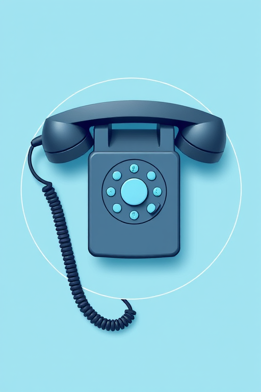 Create a high-quality image of a telephone icon within a circular light blue background, using a Canon EOS R5 camera, aperture f/2.8, ISO 100, 50mm lens, top-down view, digital illustration style.