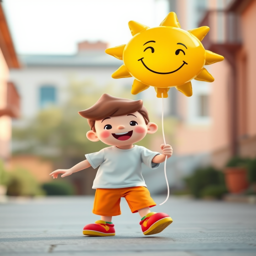 Create a playful cartoon character walking while holding a smiling sun balloon, bright colors, simple lines, DSLR camera, f/2.8 aperture, ISO 100, 50mm lens, natural soft lighting, portrait view.