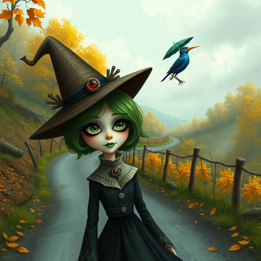 digital art fantasy depicting a strange girl with green hair, long eyelashes, green lipstick and a tall hat walking along a winding road on an autumn afternoon, an Umbrellabird smiles as she passes