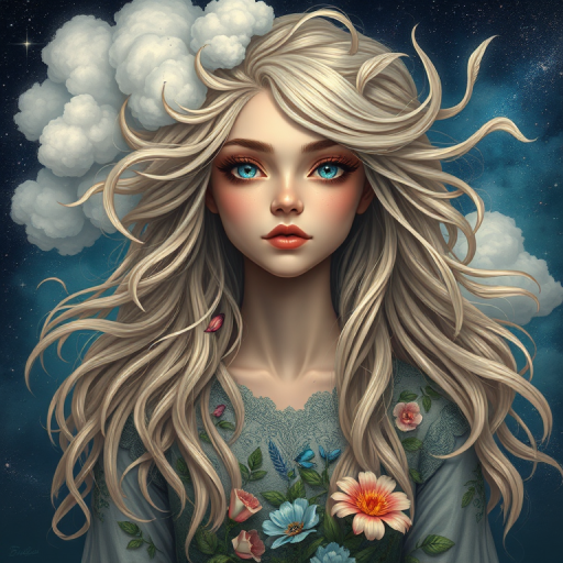 Create a series of imaginative portraits where each subject is infused with elements of fantasy and nature. The hair of the individuals should flow like clouds, varying from soft, fluffy cumulus to wispy cirrus strands, with hints of color reflecting a sunset or a clear blue sky. The eyes should be windows to entire galaxies, with stars, nebulae, and distant planets visible within them. Clothing should be adorned with nature motifs, such as floral patterns that bloom and change, vines that seem to grow and wrap around, or feathers that shimmer with iridescence. Each portrait should capture a unique personality, blending human features with the ethereal beauty of the natural and cosmic world. The backgrounds can vary, from starry night skies to enchanted forests, adding depth and context to the magical realism of the portraits