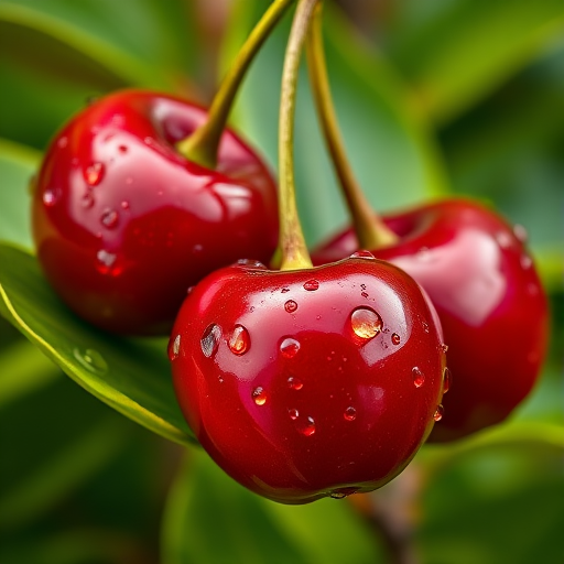 Create a hyper-realistic image of three shiny red cherries with droplets of water on them, surrounded by vibrant green leaves, captured with a DSLR camera at f/2.8 aperture, 1/100 seconds shutter speed, ISO 200, in macro mode with a shallow depth of field.