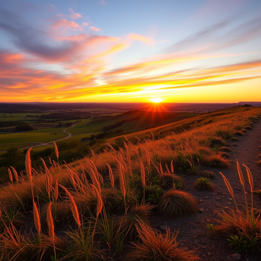 Generate an image featuring a serene landscape at sunset with vibrant colors, using a DSLR camera with a 50mm lens, aperture set to f/1.8, ISO 100, shot in HDR from a slightly elevated viewpoint for enhanced detail and clarity.