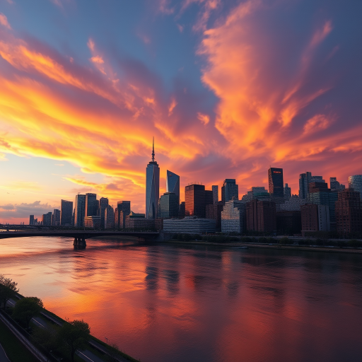 Generate an image of a vibrant city skyline at sunset with dynamic cloud formations, capturing reflections in a river, shot with a Canon EOS R5 using a 24-70mm f/2.8 lens at ISO 100, aperture f/8, and a slow shutter speed of 1/60s for rich detail and color.