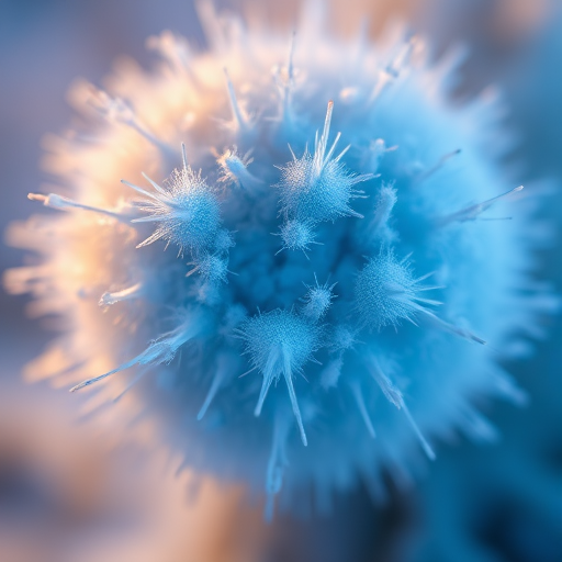 macro shot of a fluffy microbe with intricate details and textures, illuminated with soft blue lighting, 100mm macro lens, f/2.8, ISO 200, shutter speed 1/250 sec, HDR photography, digital camera