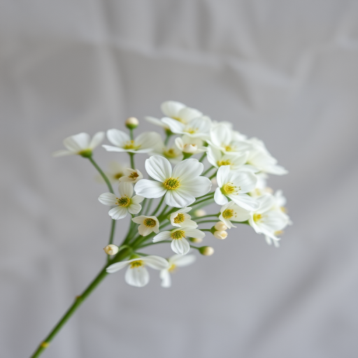 create an image of a delicate bouquet of white flowers with a soft gray background, using a DSLR camera, 50mm lens, f/2.8 aperture, ISO 100, natural lighting, and a shallow depth of field to enhance details and texture.