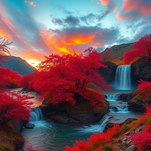 Create a vivid fantasy landscape featuring striking red foliage on trees, majestic mountains in the background, a waterfall cascading over rocks, and a serene river flowing through the scene during sunset with dramatic sky colors, shot with a Canon EOS R5 at f/8, ISO 100, 24mm focal length, in a wide-angle view, using a high dynamic range imaging style.