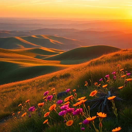 Generate a high-resolution image of a serene landscape featuring rolling hills and vibrant wildflowers, with a DSLR camera, 50mm lens, f/2.8 aperture, ISO 100, and soft natural lighting during golden hour.