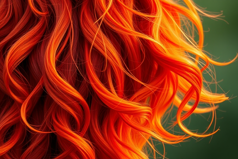 Vibrant Sunset Mane features cascading waves of fiery orange and deep crimson hair, flowing like molten lava down to the waist, with subtle golden highlights catching the light