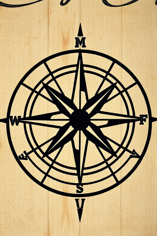 Create a detailed compass rose design with sharp lines and contrast, using a professional DSLR camera with a 50mm lens, f/1.8 aperture, ISO 100, and natural light to enhance the clarity and depth of the image.