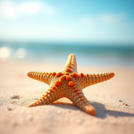 Create a high-resolution image of a starfish on a sandy beach, using a macro lens at f/2.8, ISO 100, and a shutter speed of 1/200s, with a shallow depth of field and soft natural lighting for enhanced detail and color vibrancy.