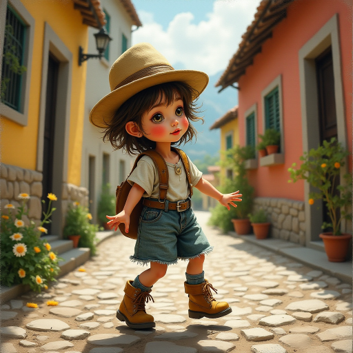Whimsical little 3-year-old girl wearing scruffy tomboy clothes, boots, messy hair heavily blushed cheeks, pink lips, closely dancing in the street of an Italian village,Textured painterly fantasy artistic mixed media