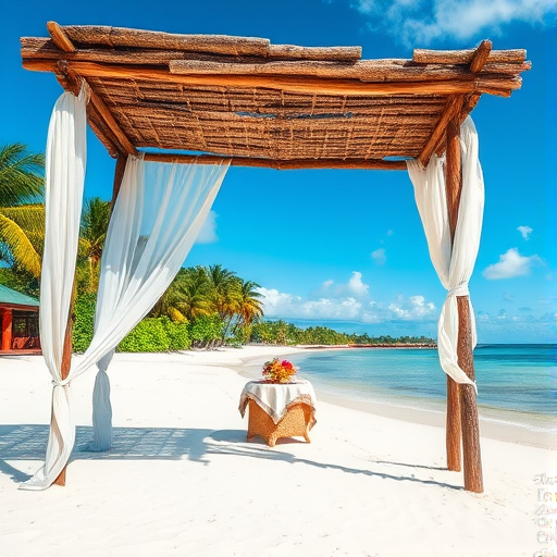 Create a picturesque tropical beach scene featuring a serene, white sandy shore. In the foreground, there's a rustic wooden canopy with white drapes gently flowing in the breeze. Underneath the canopy, a table is set with tropical decor, evoking a sense of relaxation and leisure. The beach extends into a calm, shallow water area with reflections of the sky and surroundings. Palm trees and lush greenery line the edge of the beach, providing a natural, tropical backdrop. The sky is clear with a few scattered clouds, and the overall atmosphere is tranquil and inviting, perfect for a peaceful retreat.