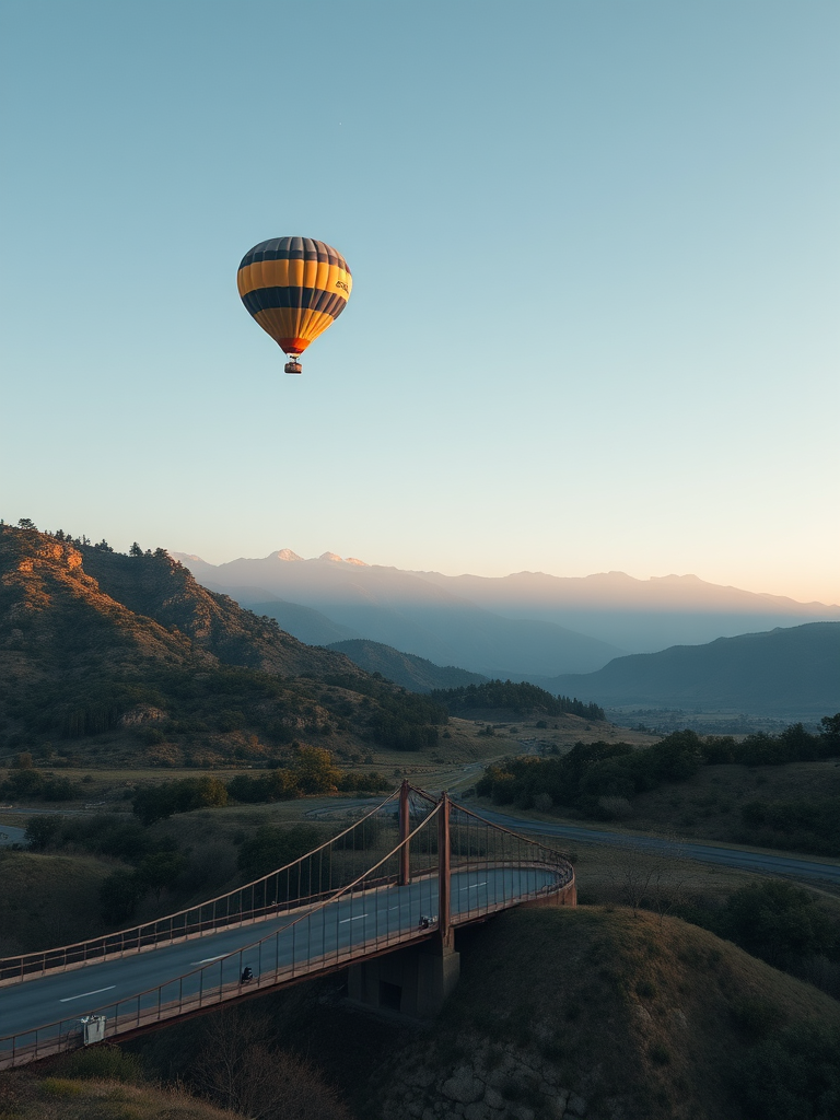 Create a serene landscape of a hot air balloon over mountains with a bridge in the foreground, using a DSLR camera with a 24mm lens, f/8 aperture, ISO 200, wide-angle view, in vibrant colors and enhanced contrast for clarity.