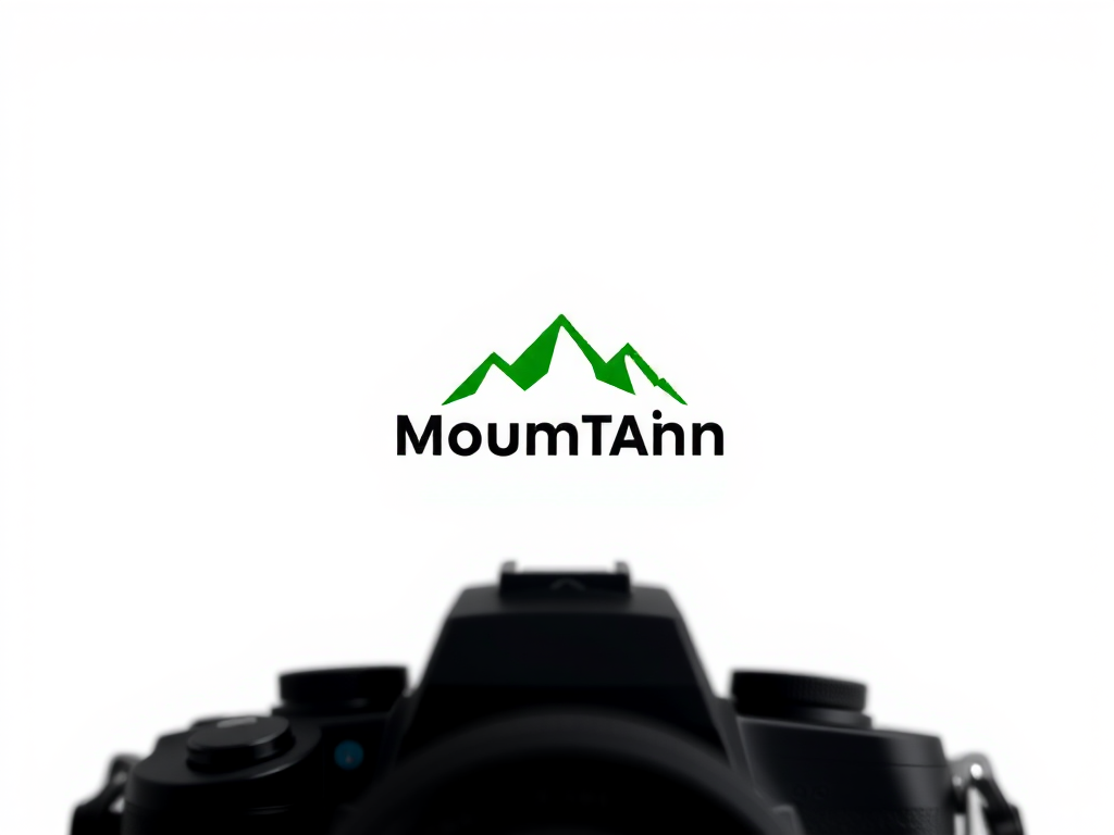 Generate a high-resolution minimalist logo featuring a stylized mountain design in vibrant green on a white background, using a DSLR camera with a 50mm lens, aperture set to f/1.8 for shallow depth of field, ISO 100 for clarity, and shot from an eye-level angle for a balanced composition.