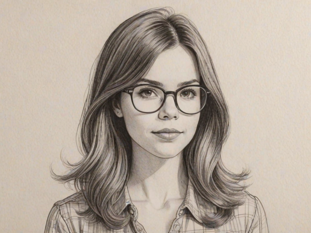 Appealing Ingrid Nilsen, pencil sketch, portrait of Appealing woman 1970s in glasses, hair style beatnik, outline, clear lines, fine lines, 8k